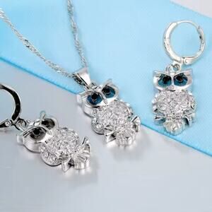 Women's 925 Silver Owls Necklace & Earring Set CZ Diamonds Valentine's Birthday